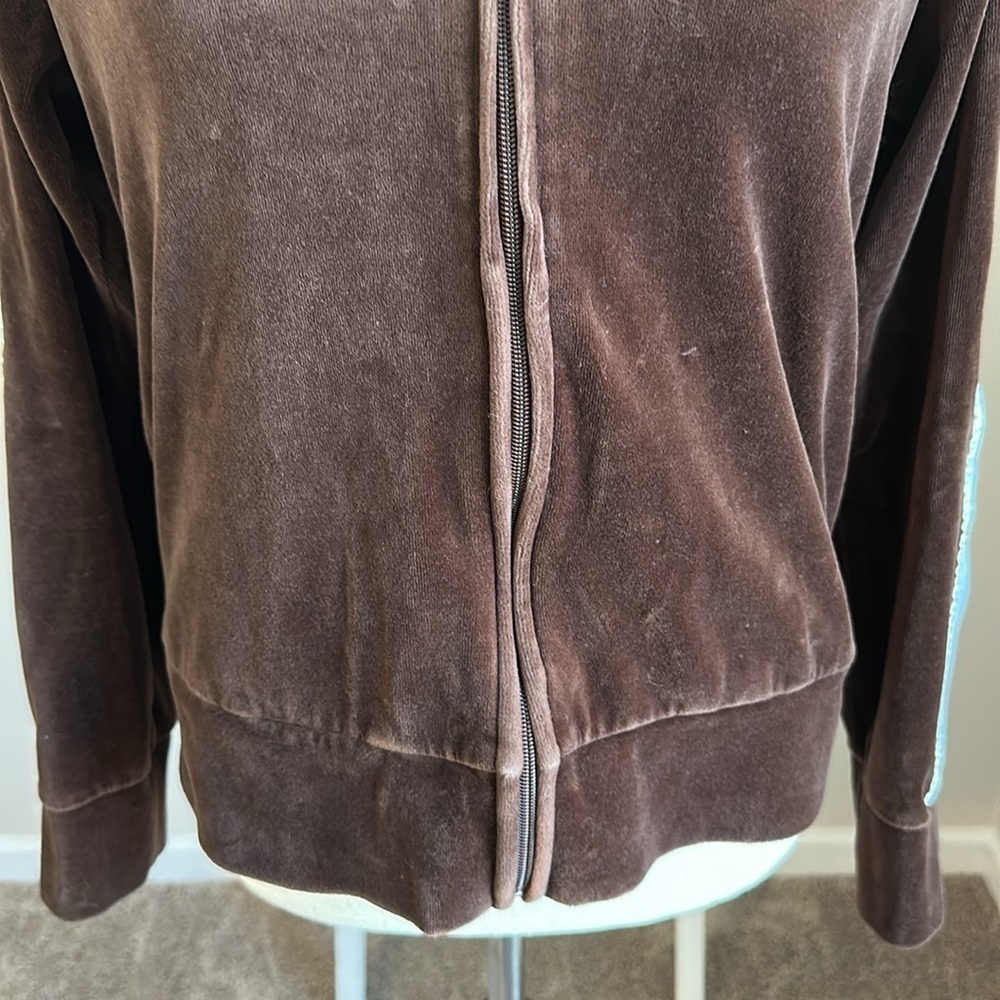 N.Y.L. Chocolate Brown Velour Hoodie with Blue Striping on Arms Size Medium GUC - Picture 4 of 17